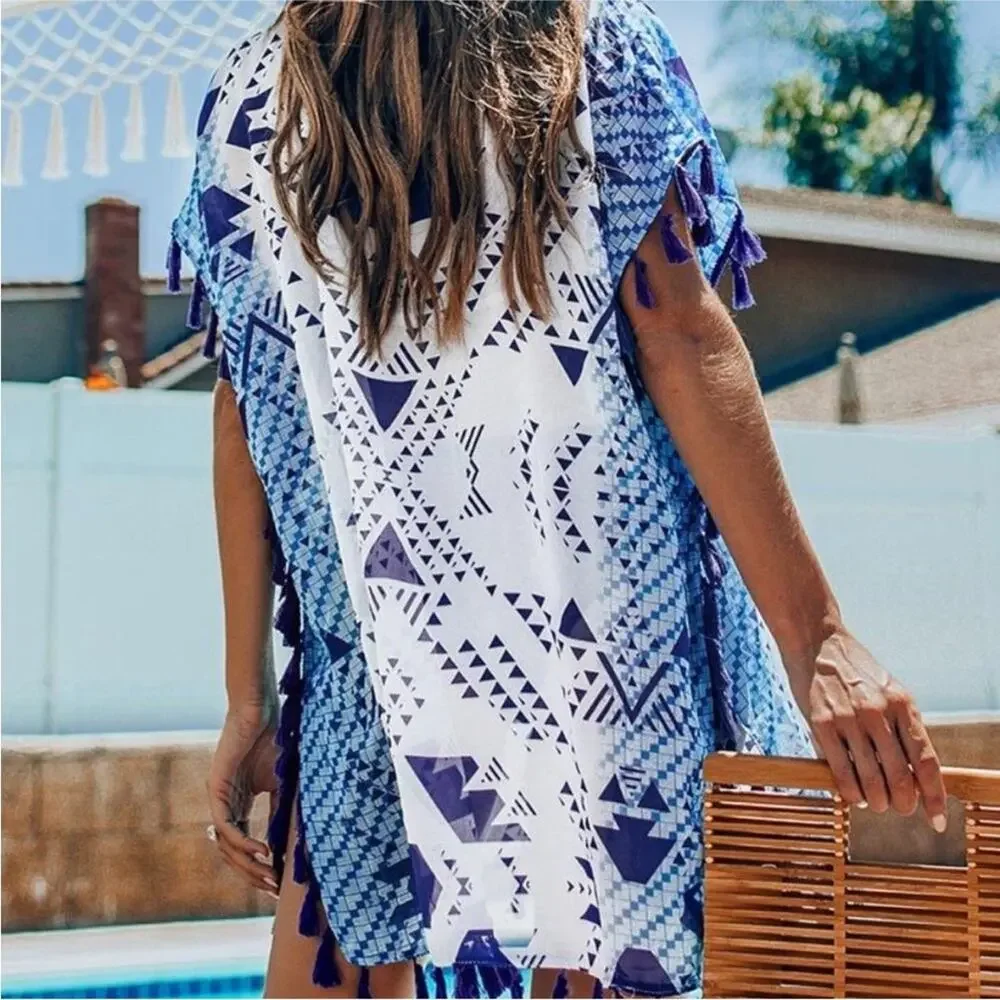 Cupshe NEW Blue White Geometric Print Boho Trim Swimsuit Bathing Suit Cover Up